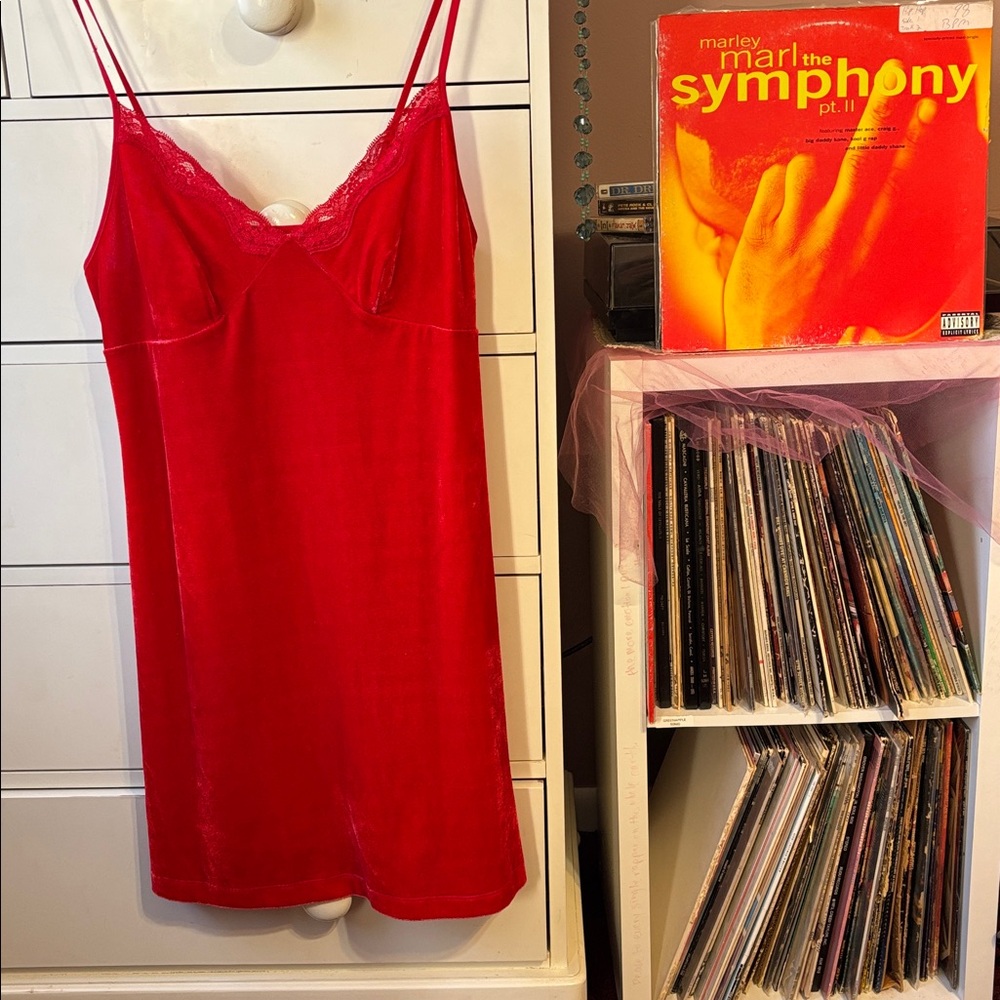 Vintage Y2K Red Velvet Lace Slip Dress Mini Velour Sexy Fitted Camisole Medium